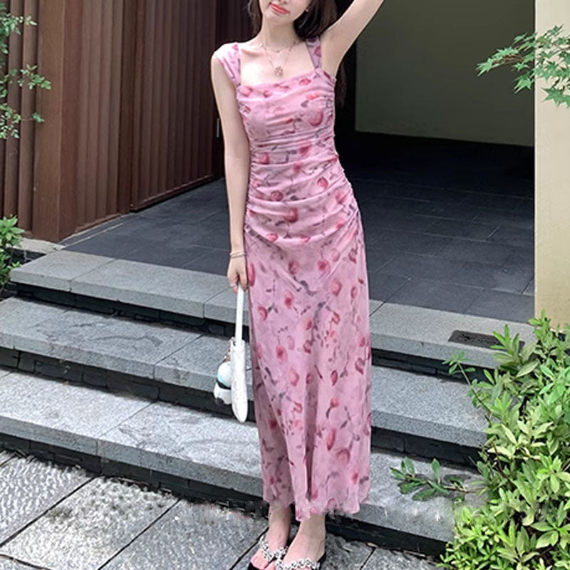 Pink sling floral dress for women summer new long style slim fit waist long dress