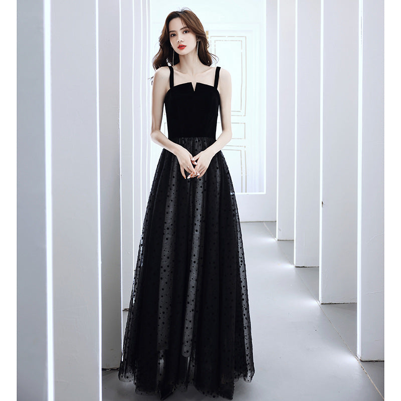 2025 Host evening dress new black temperament high-end light luxury niche birthday party long art test skirt woman