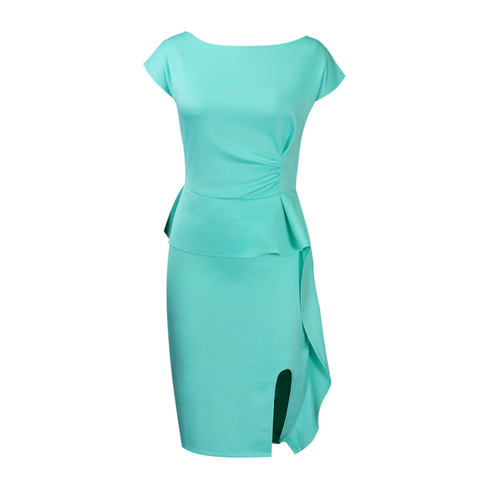 2025 D246 spot popular summer new solid color pleated ruffle edge split hip wrap professional 2025 dress