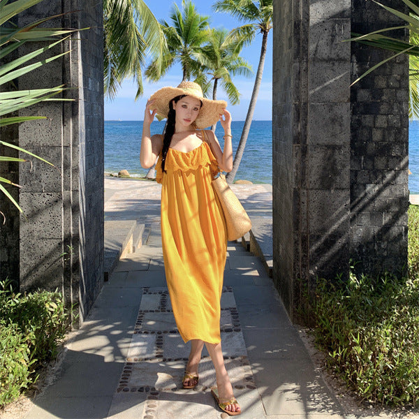 Yunnan Dali holiday warm yellow suspender dress female sweet small fresh Mori travel wear long skirt