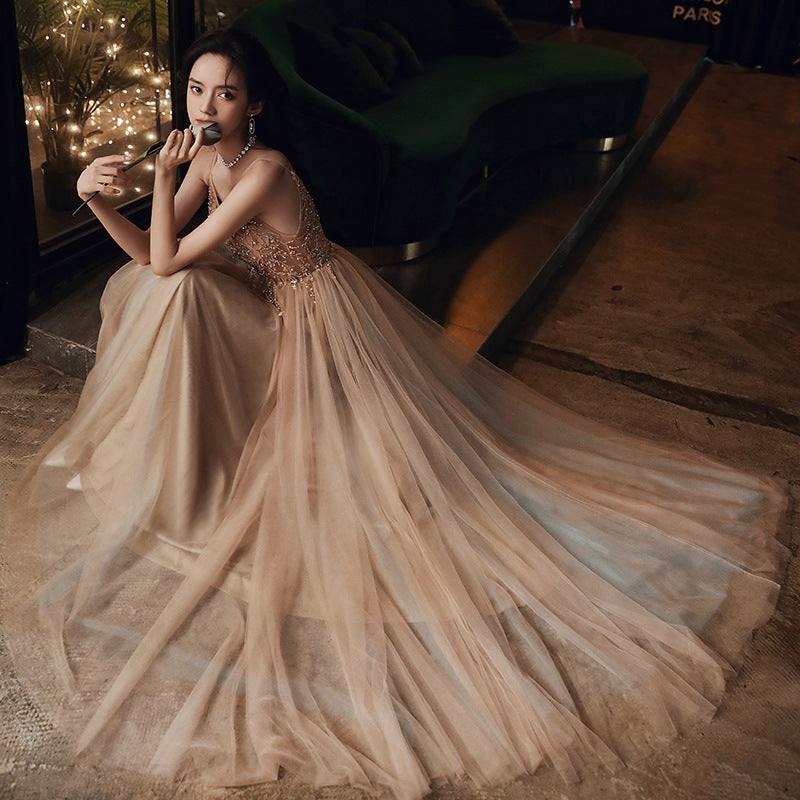 Evening dress dress girl 2025 new spring suspender annual meeting birthday party fairy long temperament banquet dress