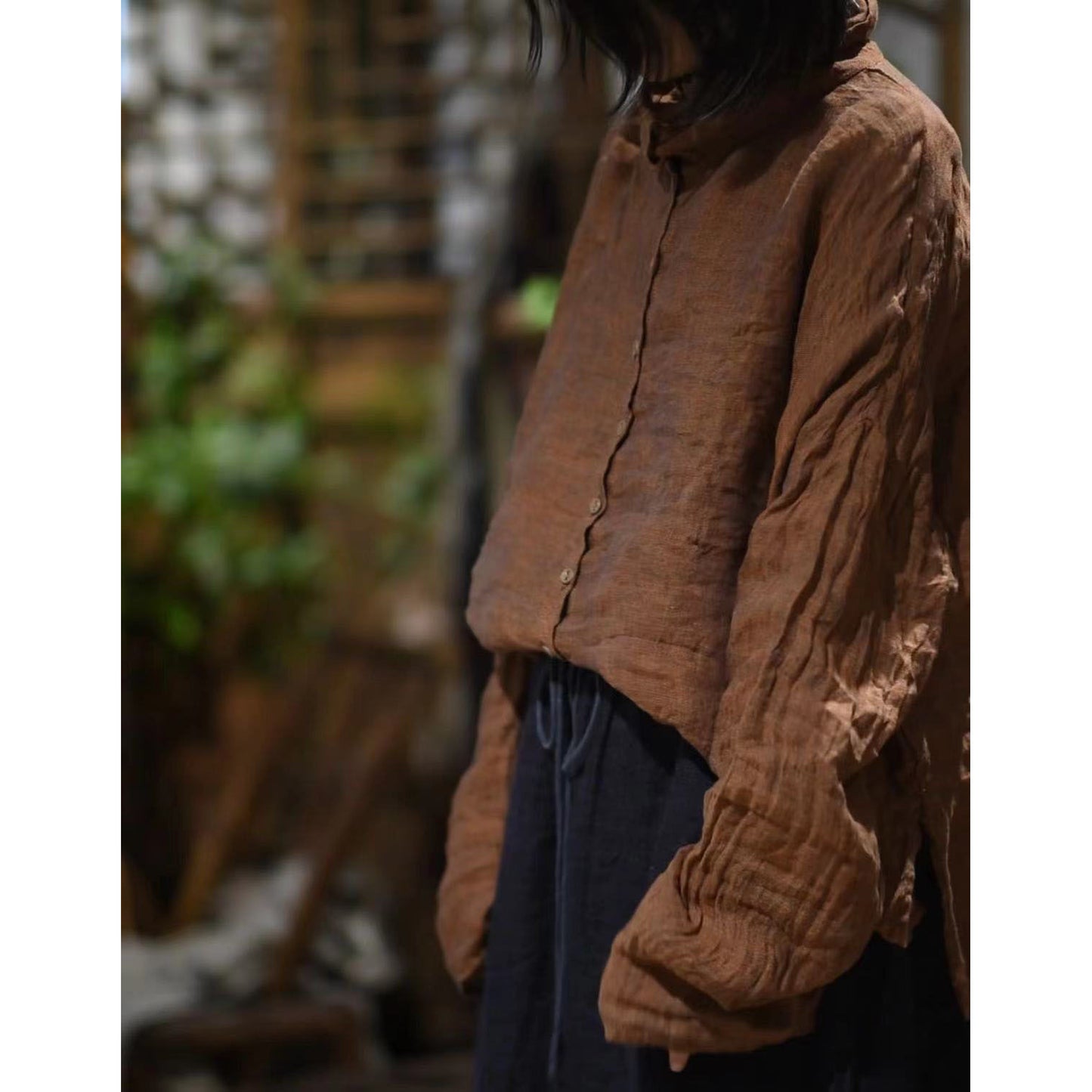 2025 23/11 Xiaochun, loose and versatile solid color yarn-dyed linen semi-turtleneck cardigan pullover bottoming shirt