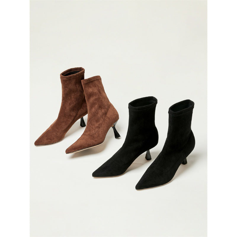 2025 Lawn mower minimalist pointed elastic boots short boots women's boots thin boots high heel boots super thin