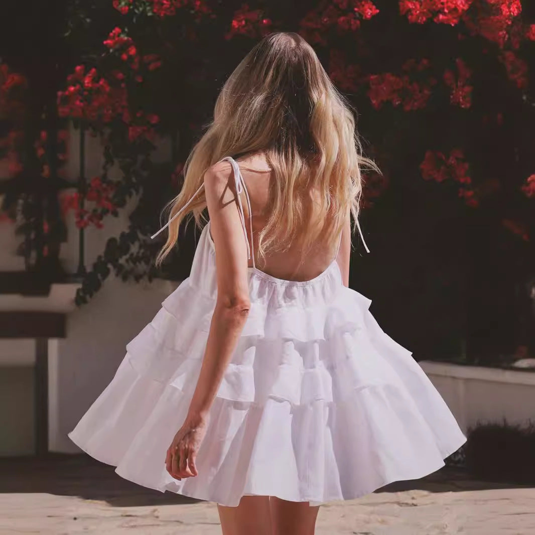 august outfits Sling Dress Summer Multi-Layer Ruffled Cake Skirt Short Backless Sling Dress
