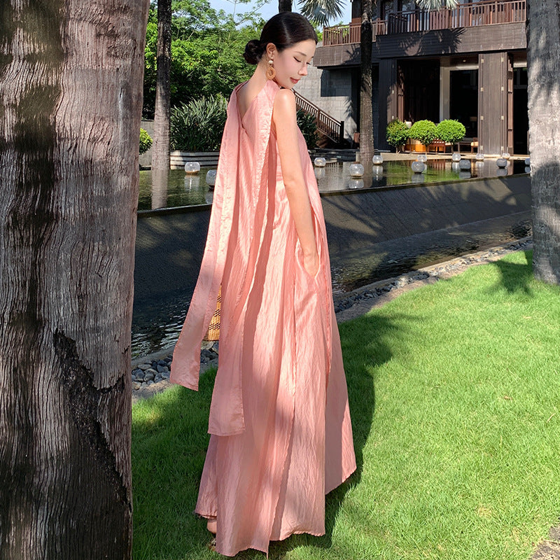 Seaside vacation Sanya travel wear high-end fairy temperament streamer sleeveless neck dress loose long dress