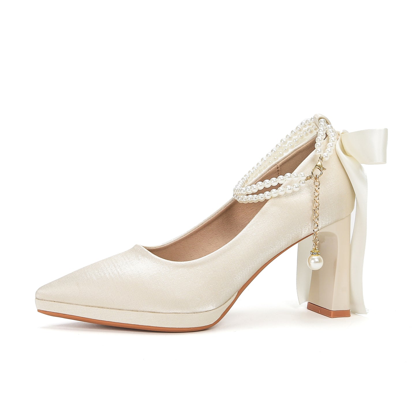 2025 8066-7 temperament suede pointed thick heel high heels women's bow pearl waterproof table high heel single shoes