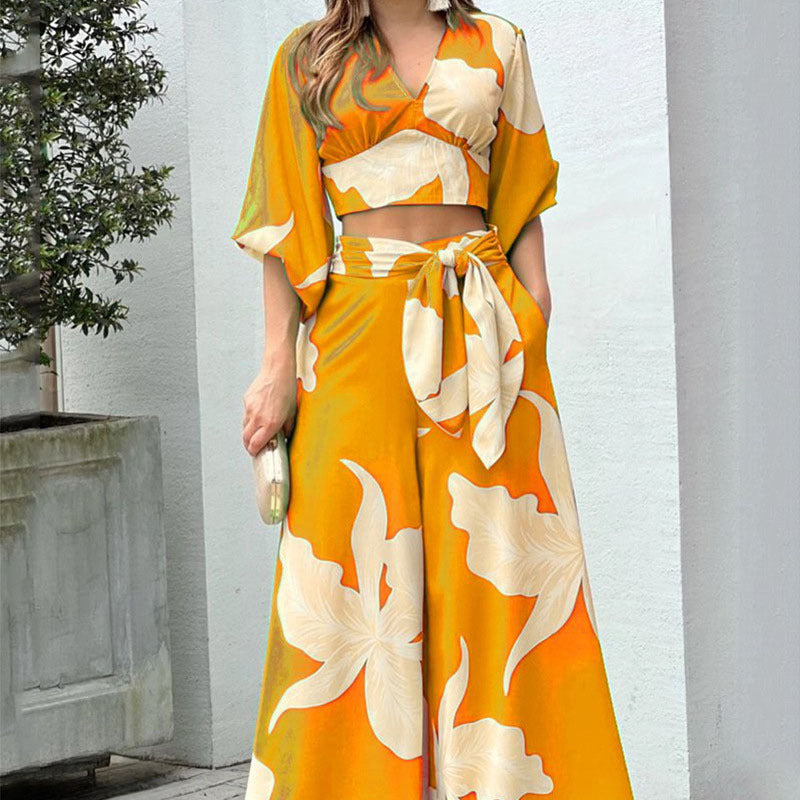 maoxiangshop Top Women's 3D Printed Pants Set - Designer Sexy Casual Women Floral Printed V Neck Ladies Long Sleeve Blouse Crop Top High Waist Wide Leg Pants Two Piece Set