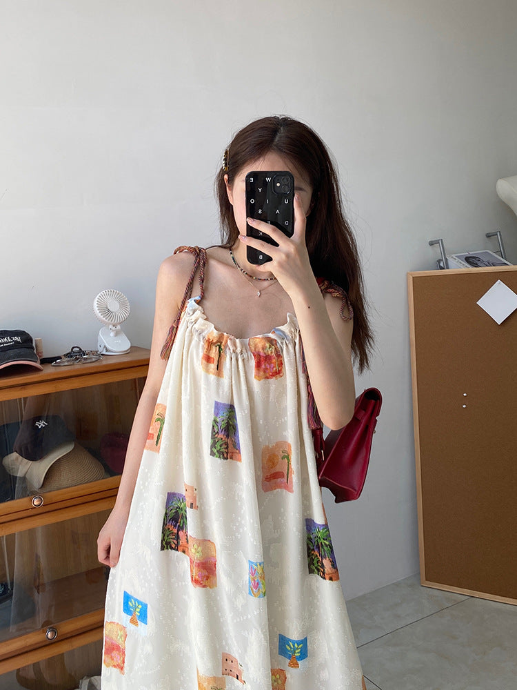 2025 double coconut tree summer holiday loose and slightly fat vacation beach dress colorful fringed suspender print dress women