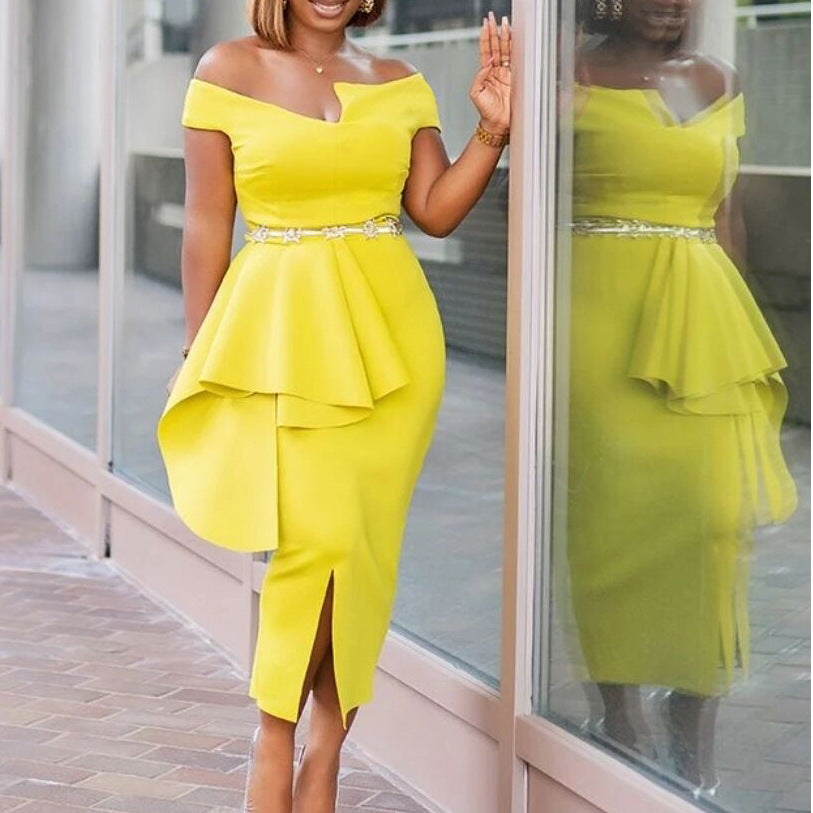 2025 D214 2023 Summer Short Sleeve Hip Wrap Solid Color Split End OL Off Shoulder 2025 Dress Cross-border Dress Dress