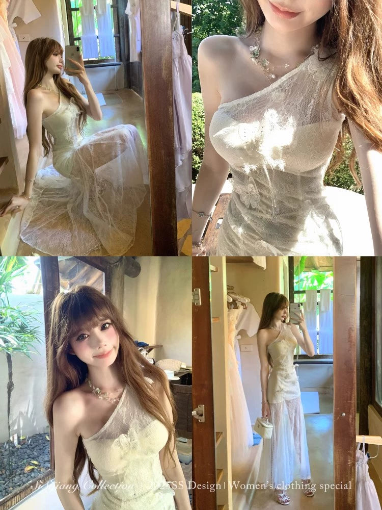 heavy industry three-dimensional flower mesh dress women's summer new Korean pure desire temperament waist suspender fishtail dress