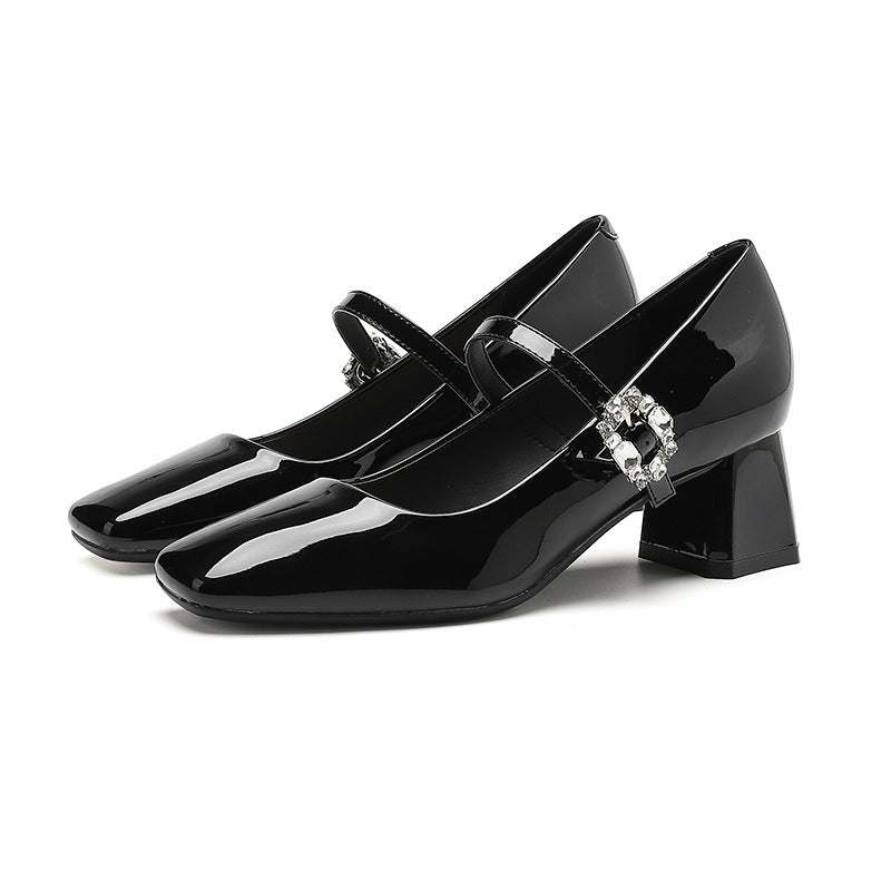 2025 5299-A6 one-word bag head thick heel single shoes women's square head rhinestone high heels student dress professional commuting women's shoes