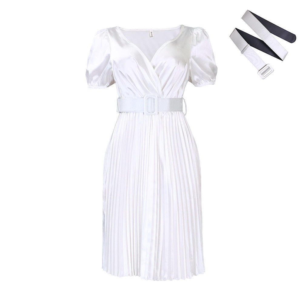 2025 D370 with belt 2025 women's clothing 2023 summer new V-neck sexy pleated large size Popular trade dress