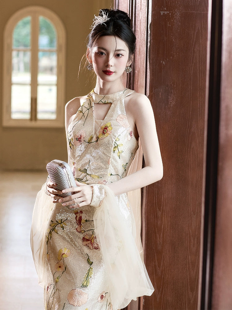 Fishtail flower evening dress women's new high-end engagement toast dress high-end light luxury niche slim