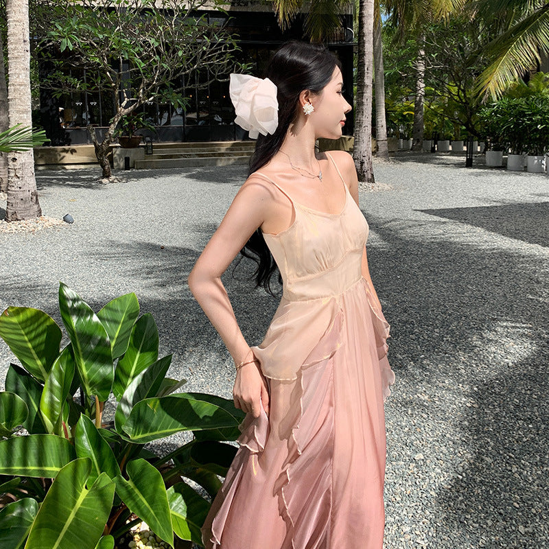 2025 Mermaid Ji gradually changes the lotus leaf edge fairy skirt summer temperament suspender long skirt super fairy heavy industry seaside vacation dress