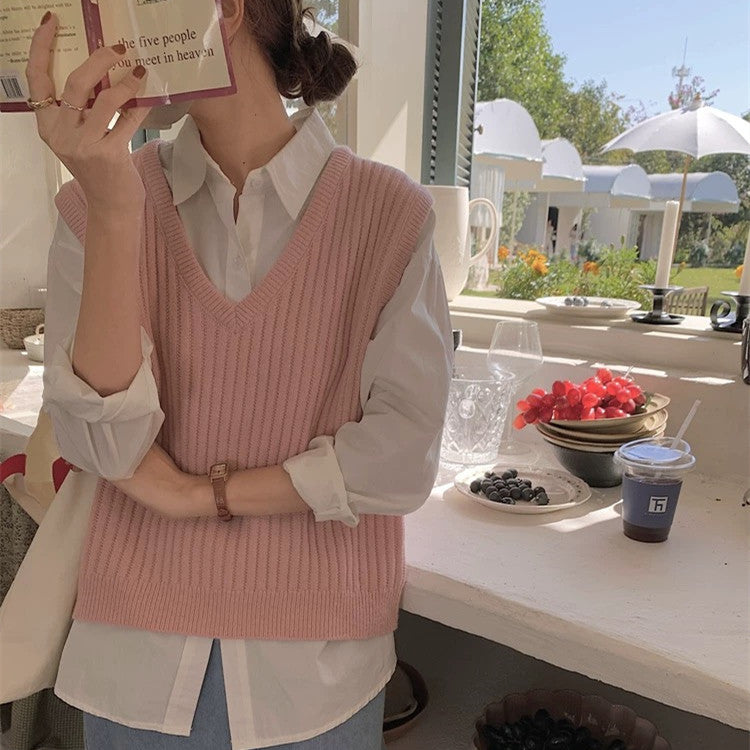 maoxiangshop-shop masc outfits New Korean Style Solid Color Soft Glutinous Loose V-neck Inner Wear Knitted Vest Waistcoat Outer Wear Top for Women