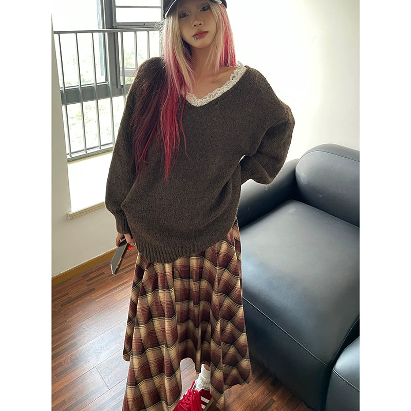 Sweet Lazy Lace Splicing V-Neck Knitted Sweater Women's Autumn and Winter Pullover Loose and Skinny Outer Top