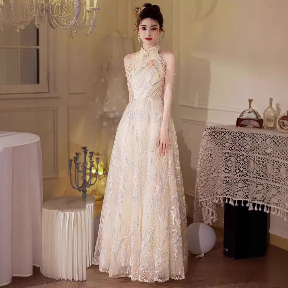 New Chinese high-end sense light luxury engagement evening dress dress women 2025 new high-end toasting clothes bridal temperament long