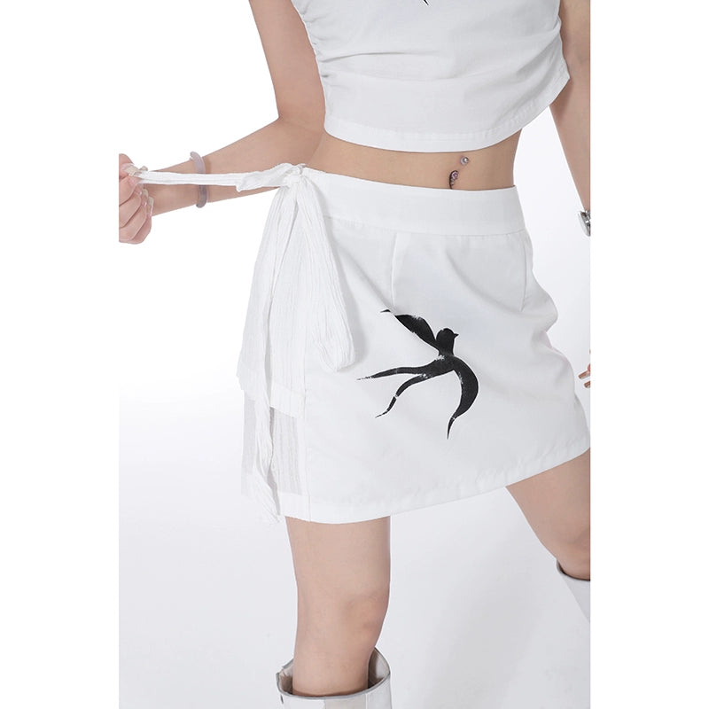 's homemade swallow print suit women's popular summer new design sense trendy fashion top a-word skirt