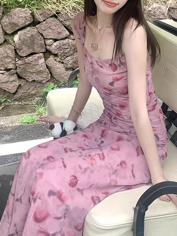 Pink sling floral dress for women summer new long style slim fit waist long dress
