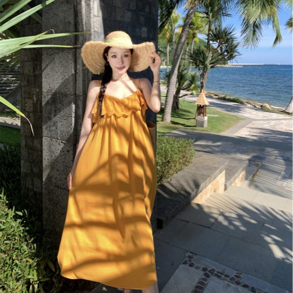 Yunnan Dali holiday warm yellow suspender dress female sweet small fresh Mori travel wear long skirt