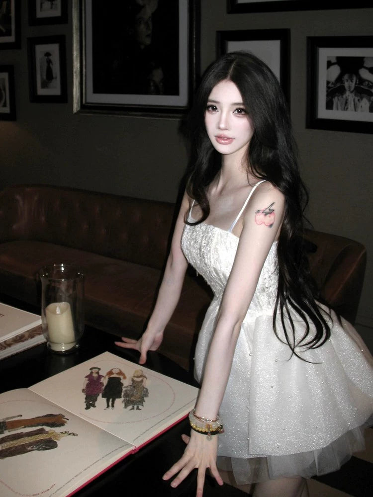 temperament white lace suspender waist puffy dress short women's birthday dress sleeveless skirt summer