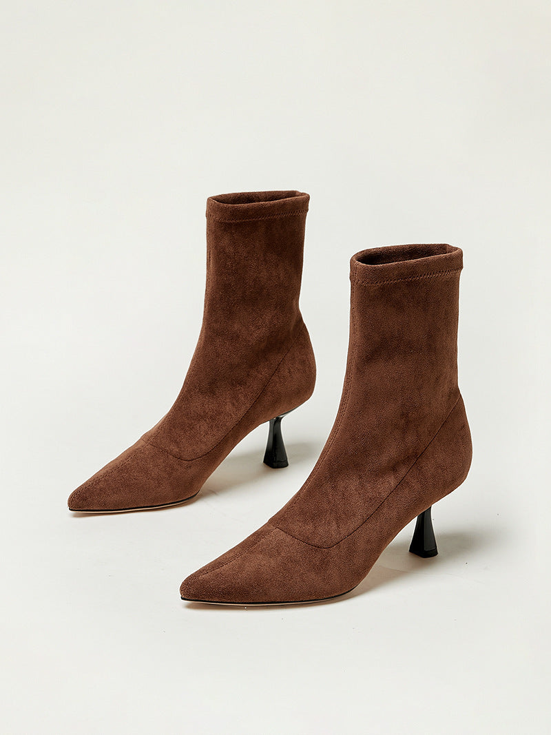 2025 Lawn mower minimalist pointed elastic boots short boots women's boots thin boots high heel boots super thin
