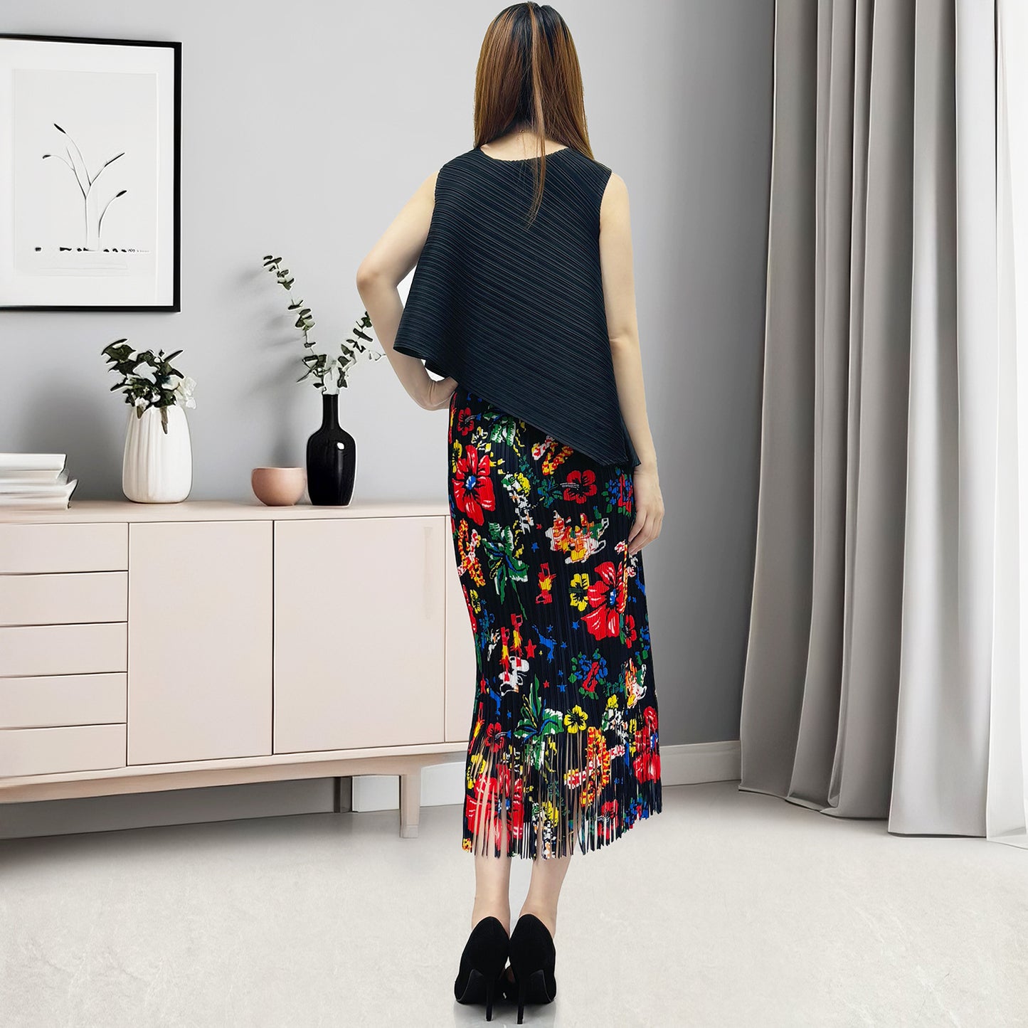 Fashion light luxury women's clothing summer black printing retro fringed hip skirt sleeveless T-shirt two-piece set