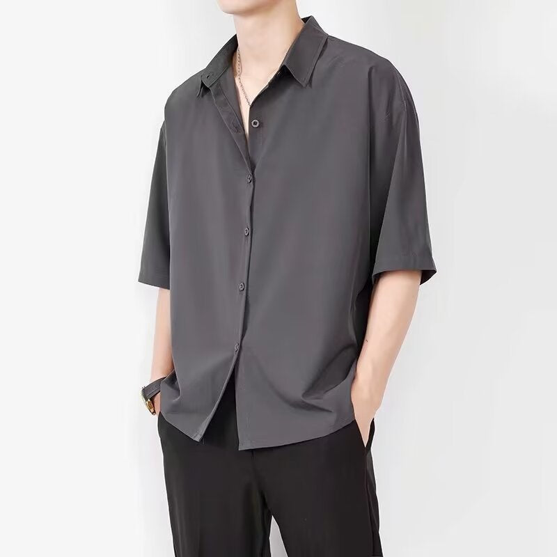 maoxiangshop-shop guy outfits Ice Silk Shirt Men's Short-Sleeved Summer Fashion Brand Men's Casual Jacket High-Grade Ruan Handsome Half-Sleeve Black Shirt