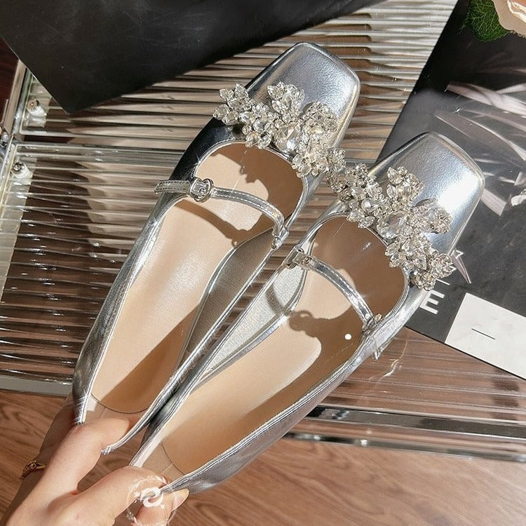 2025 rhinestone premium sense one word with Mary Jane shoes women's square head thick heel medium heel light mouth single shoes