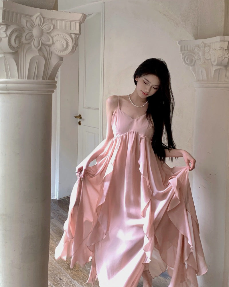 2025 2025 summer new beach dress suspender dress seaside vacation photo chiffon naked pink fairy dress