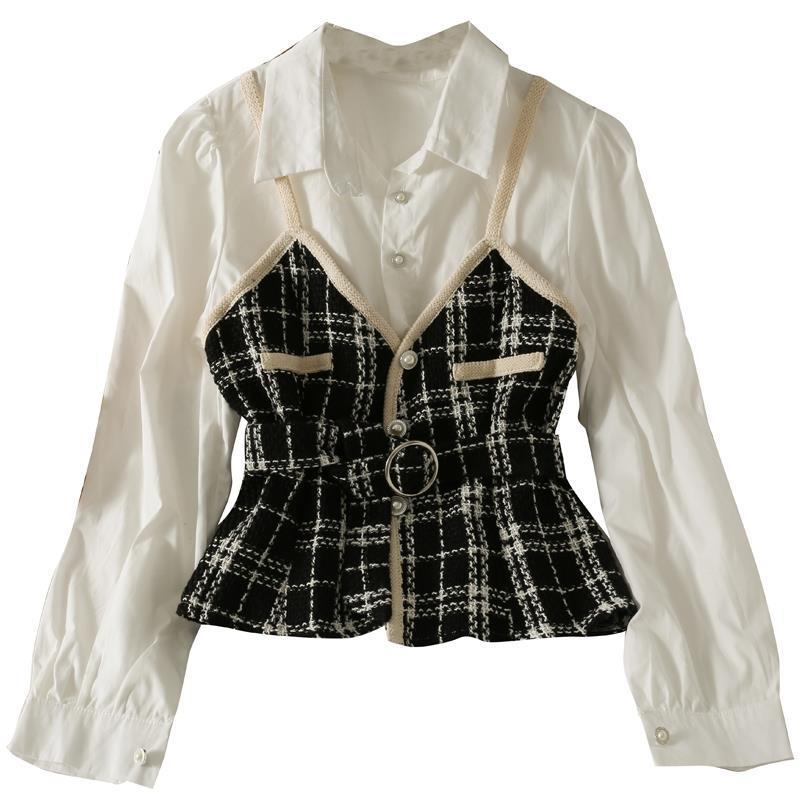 maoxiangshop-shop work outfits women Korean Style Retro Contrast Color Stitching Tweed Fake Two-Piece Shirt Women's Autumn High Waist Lace-up Slim Lapel Long Sleeve Top