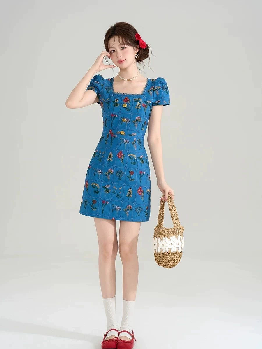New Chinese style square neck short-sleeved floral dress women's clothing summer new unique and beautiful a-word skirt