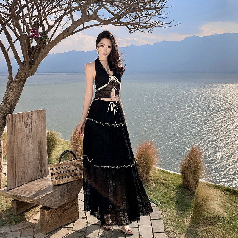 Holiday style wear suit Spice girl halter short neck vest women's summer high waist skirt black two-piece set