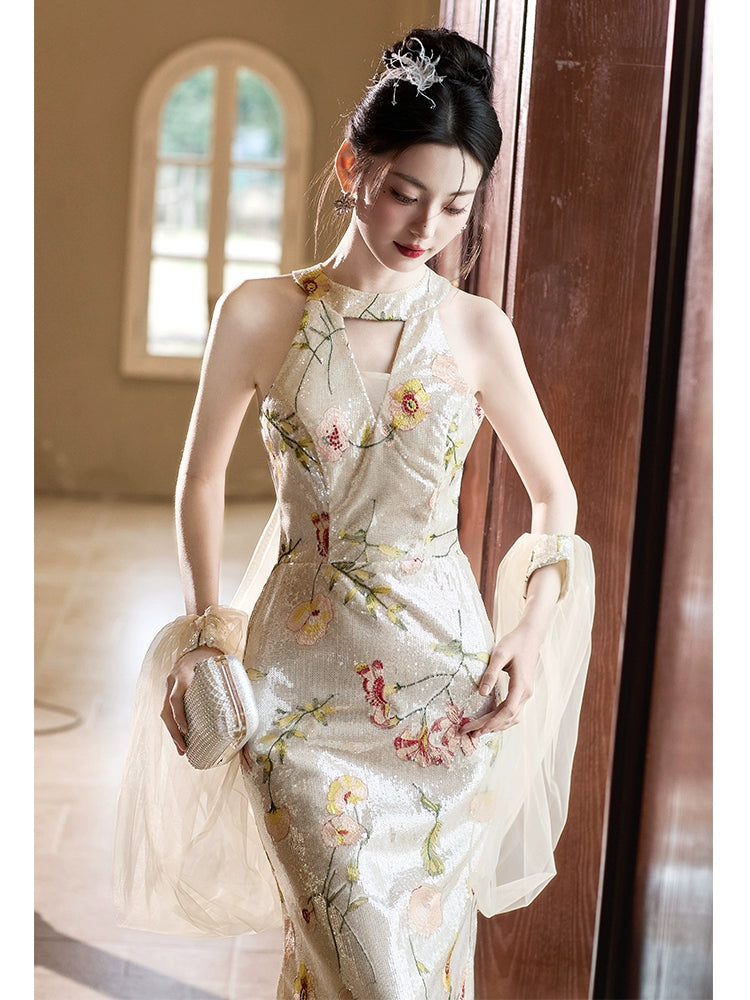 Fishtail flower evening dress women's new high-end engagement toast dress high-end light luxury niche slim