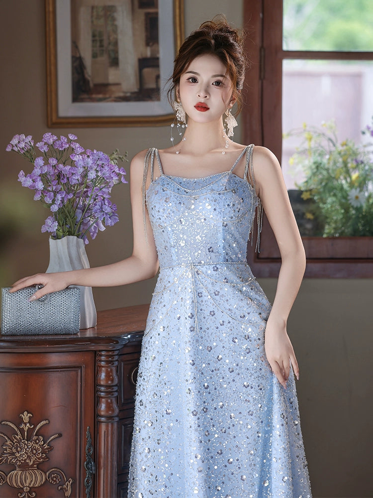 suspender evening dress women's new high-end sequins banquet elegant dress high-end light luxury niche