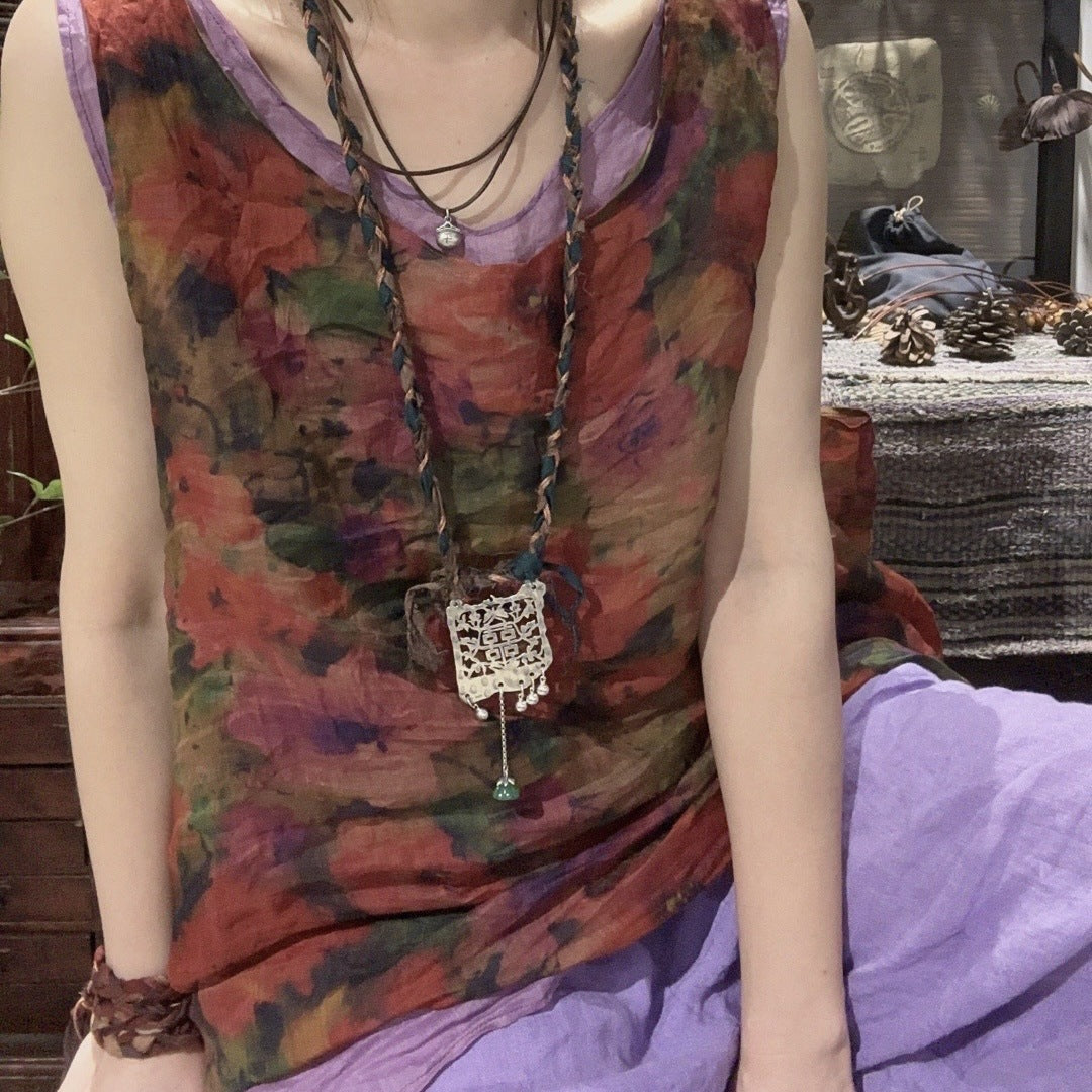 2025 24/4 SN51 Duoduo, literary and casual printing versatile sleeveless retro ramie vest sling