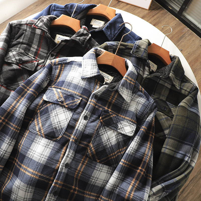 maoxiangshop-shop fall mens outfits Autumn and Winter Men's Fleece-lined Thickened Warm Loose Lamb Wool Flannel Plaid Shirt