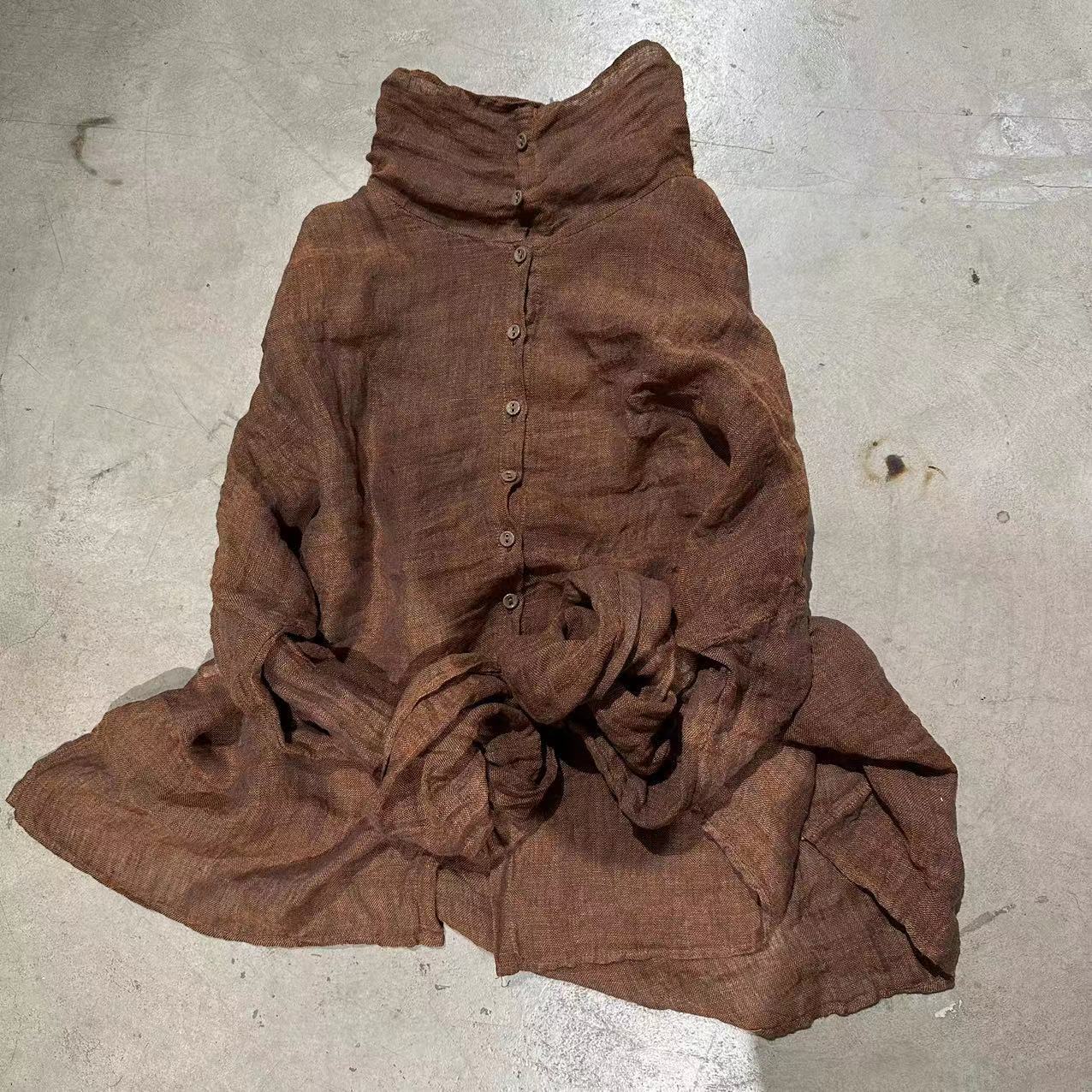 2025 23/11 Xiaochun, loose and versatile solid color yarn-dyed linen semi-turtleneck cardigan pullover bottoming shirt
