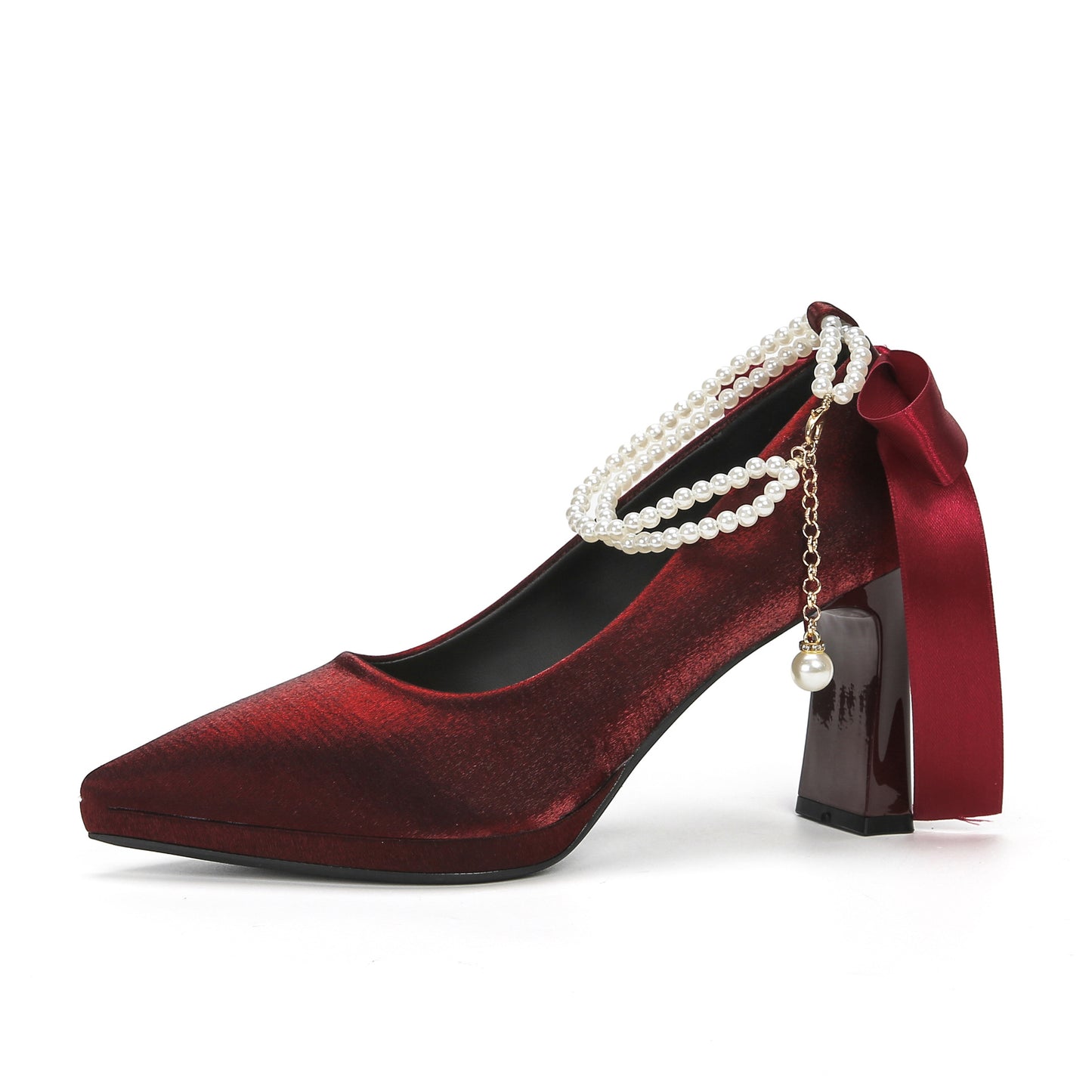 2025 8066-7 temperament suede pointed thick heel high heels women's bow pearl waterproof table high heel single shoes