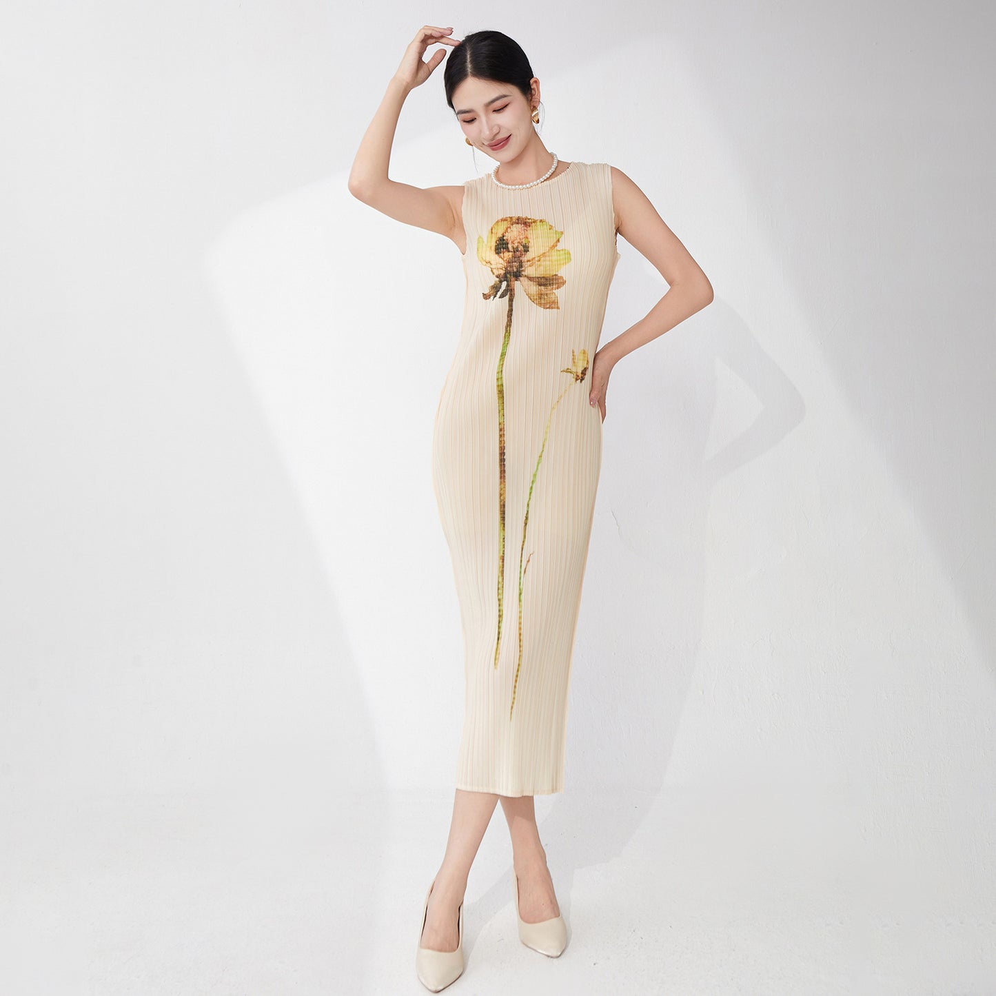 counter quality dress women's summer high-end temperament printing simple and versatile one-step straight medium and long skirt