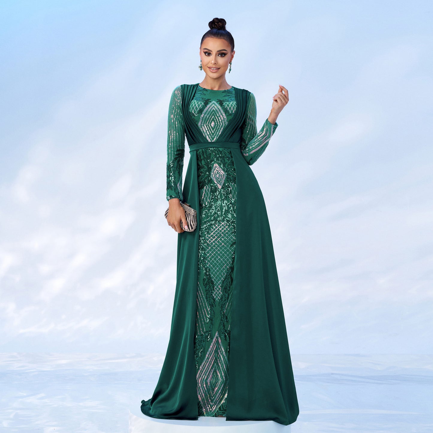 2025 new long-sleeved crew neck long sequined banquet cape fish tail evening dress bridesmaid dress women