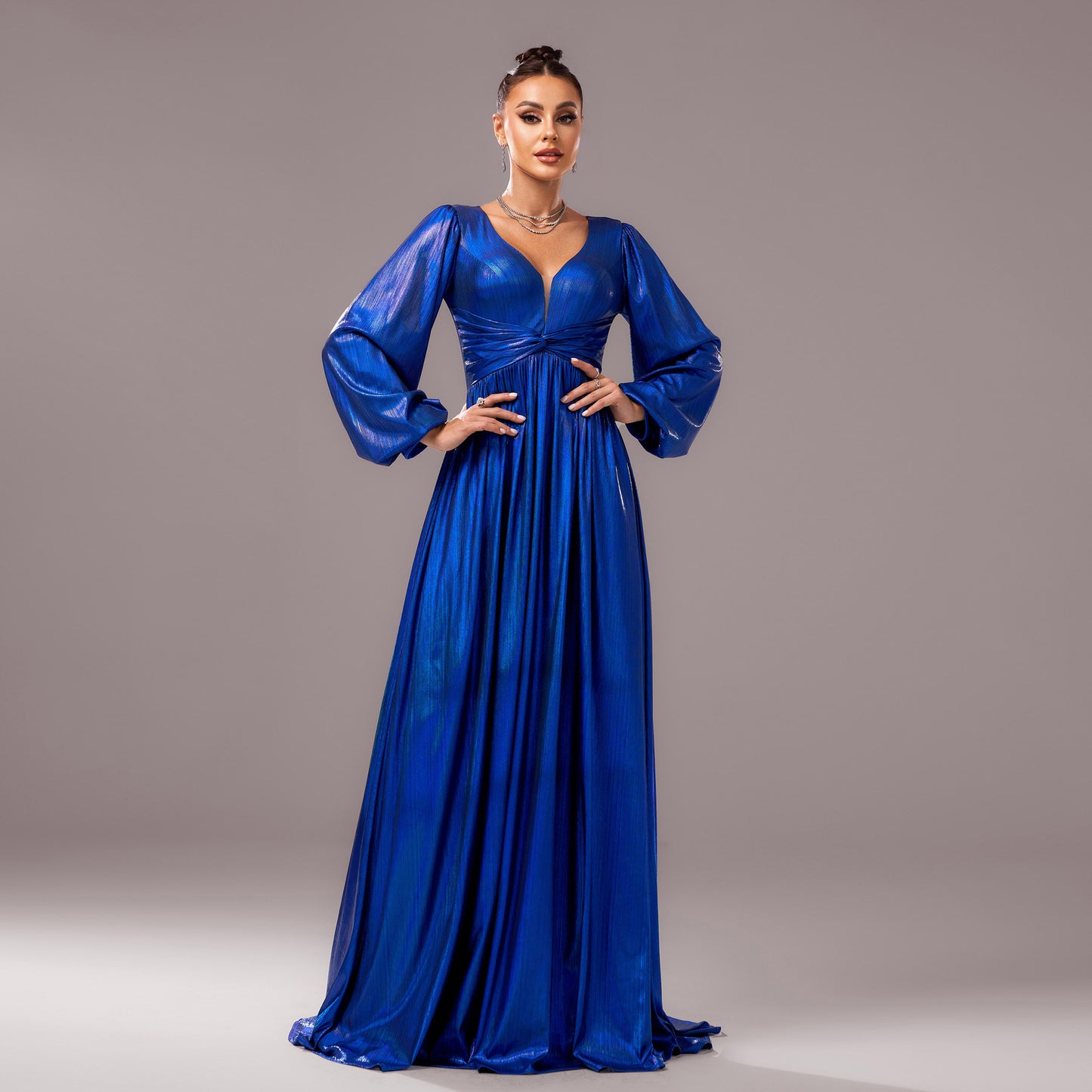 2025 new high-end long-sleeved V-neck banquet bronzing waist pendulum evening dress bridesmaid dress women
