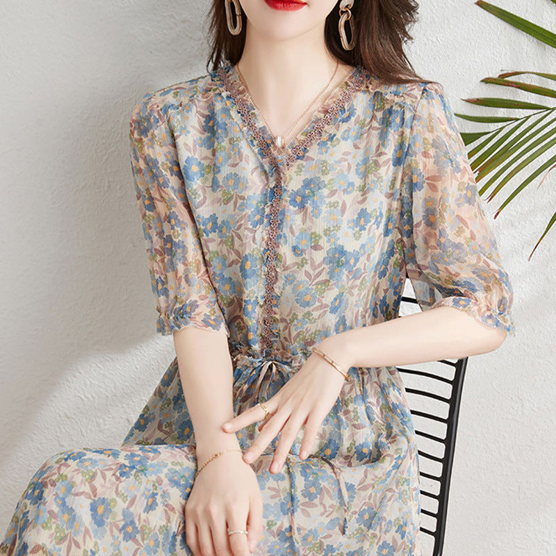 2025 Silk mulberry silk dress, coffee break floral skirt women's clothing, summer small temperament waist A-shaped skirt