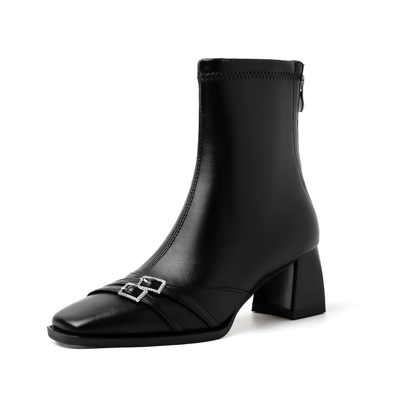 2025 Coarse heel short boots women's spring and autumn single boots popular new temperament square head thin boots black high heels