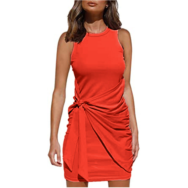 Women's Clothing Amazon Hot-selling Sleeveless Round Neck Bow Irregular Belt Dress