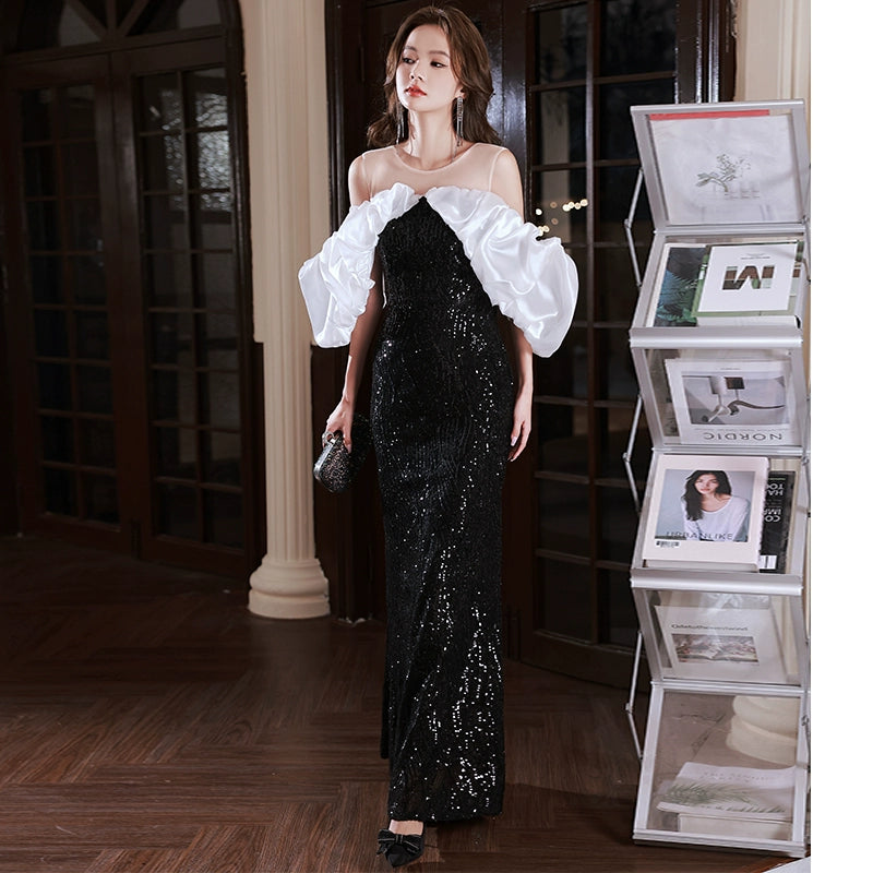 Evening dress women's banquet temperament can usually wear black high-end light luxury niche celebrity one-word shoulder trailing dress