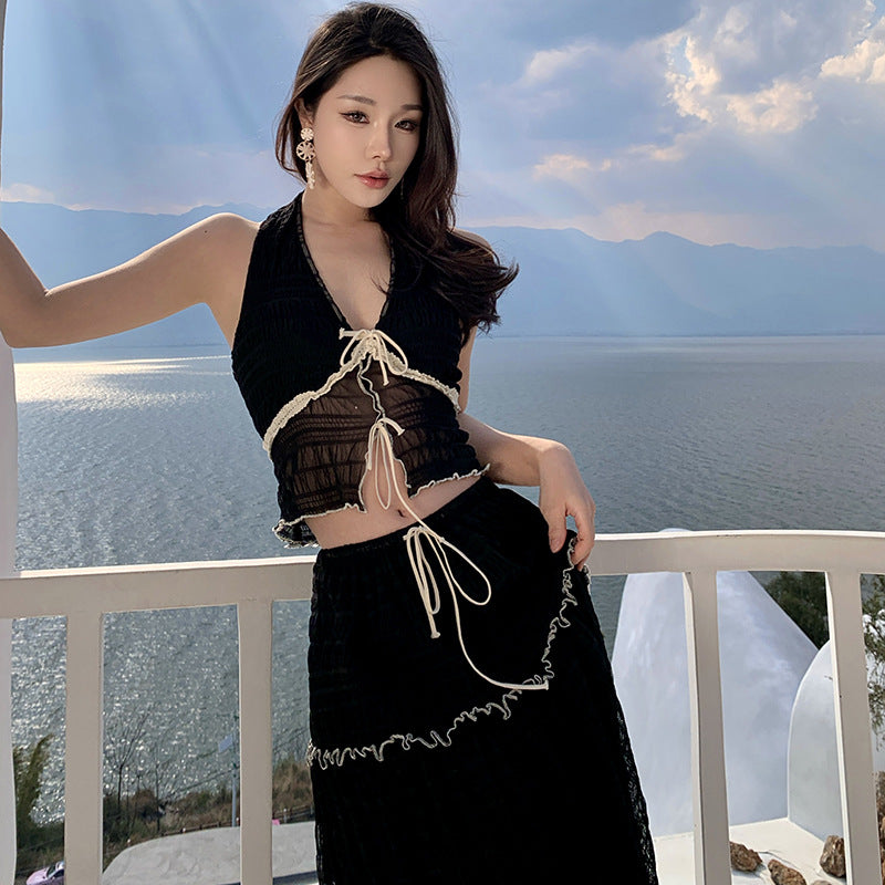 Holiday style wear suit Spice girl halter short neck vest women's summer high waist skirt black two-piece set