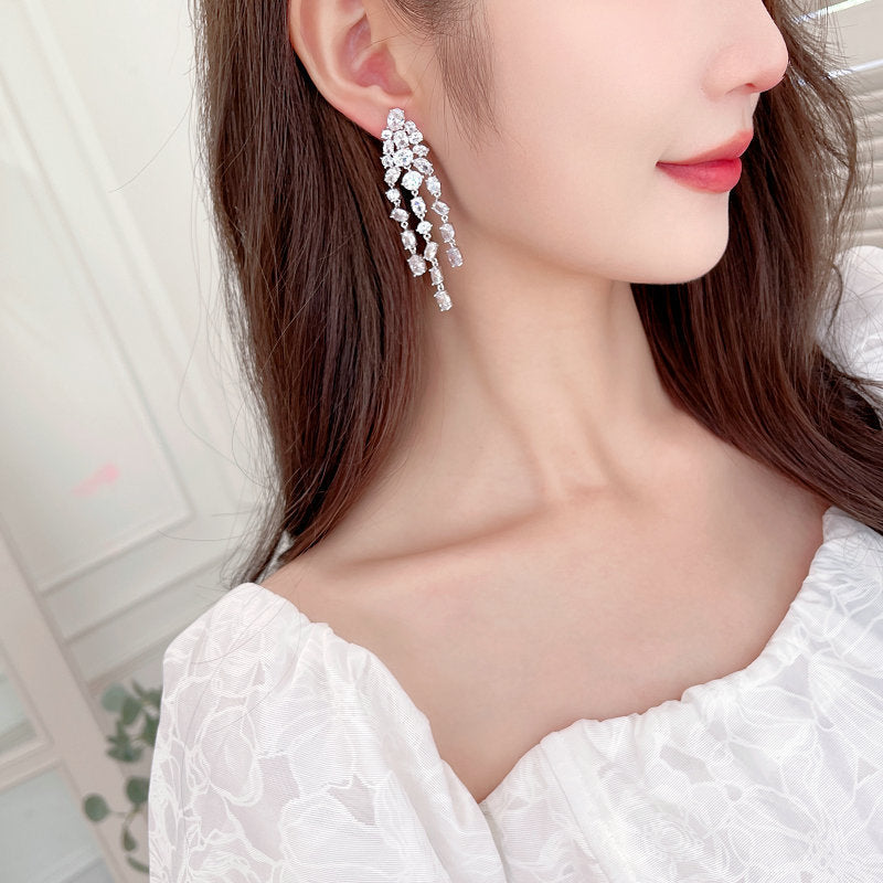 2025 Light luxury fashion high-end earrings wholesale banquet evening dress wedding dress with long modified face fringed earrings