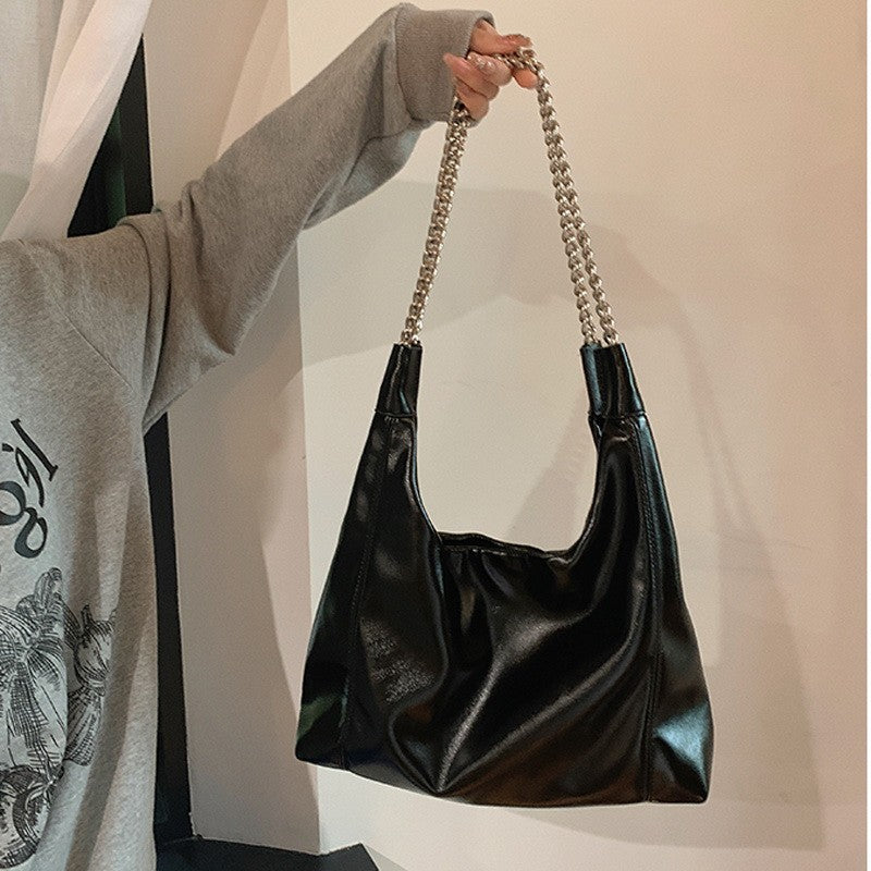 MAOXIANGSHOP 2025 Korean ins chain PU leather tote bag women's large capacity milk white soft underarm bag commuter handbag women