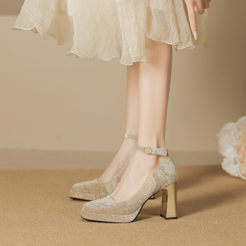 2025 8126-6 one-word square head thick heel Mary Jane shoes female Korean version fairy wind suede high heels waterproof table single shoes